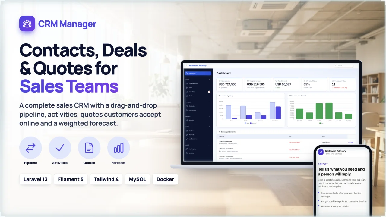 CRM Manager — Follow leads from first contact to closed deal, with a clear pipeline.