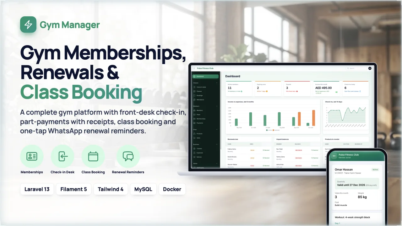 Gym Manager — Run a gym from one dashboard: members, plans, attendance and renewals.