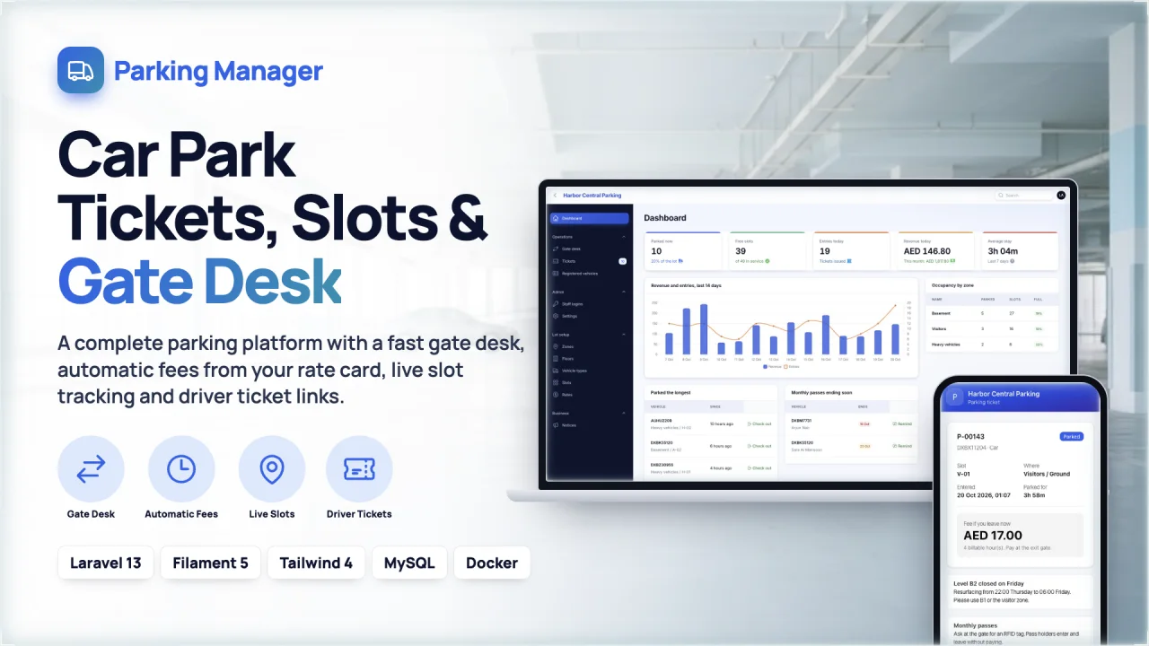 Parking Manager — Track slots, vehicles and fees for a car park, with entry and exit logging.
